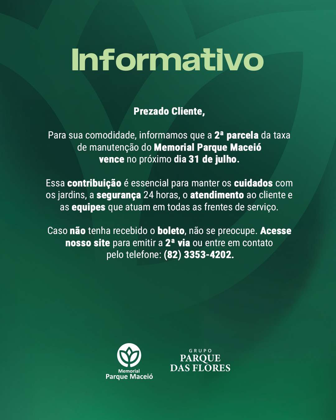 Informativo: vencimento da 2ª parcela da taxa de manutenção